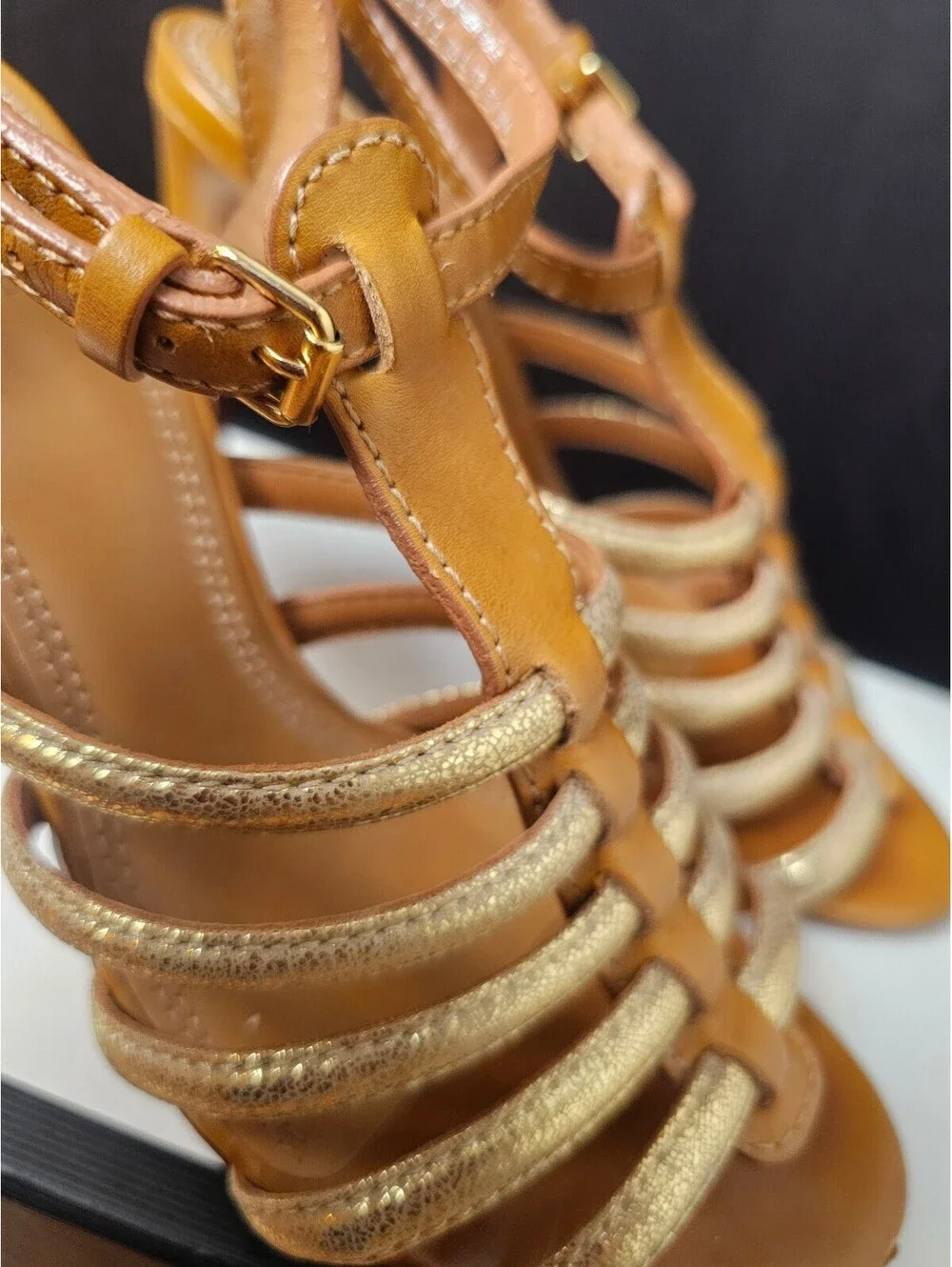 Tory Burch Heels Tan Womens 8 Leather Strappy Gold Accents